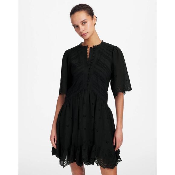 NWT Madewell Eyelet Flutter Sleeve Mini Dress in Cotton In Black Size 0 - Picture 2 of 8